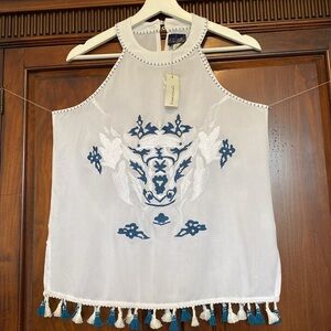Blue Rain White Halter Tank with Blue Embroidered Motif & Tassel Trim